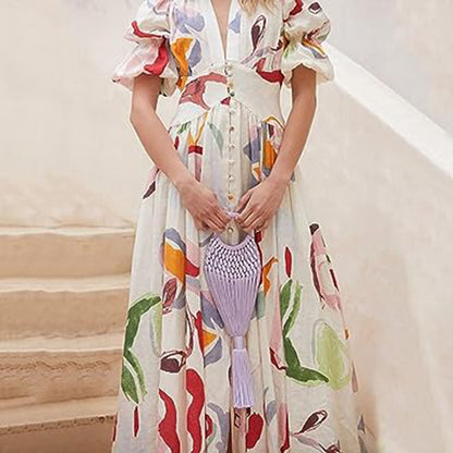 Robe Longue Femme - Imprimé Fleuri - Manches Bouffantes Courtes - Col V - Taille Cintrée