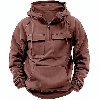 Sweat à capuche homme – Coupe décontractée – Coton – Demi-zip – Poches à rabat