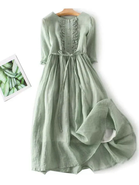 Robe midi femme – Fibres naturelles – Coupe évasée – Boutonnée – Ceinture – Volants