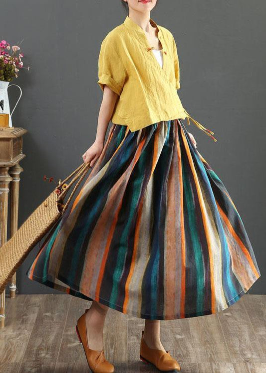 Women’s A-Line Midi Skirt – Retro Striped Print – Pleated – Natural Fibers – Casual Wear