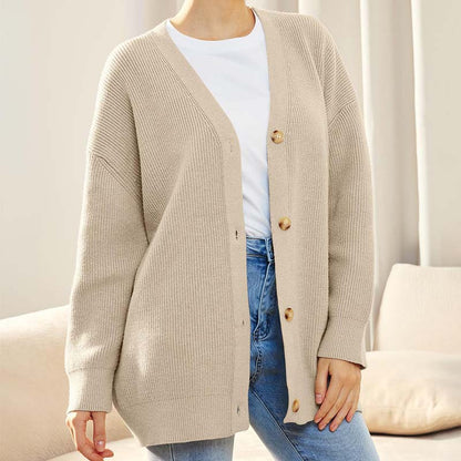 Cardigan femme – Coupe oversize – Maille côtelée – Col V – Boutonné – Long manches