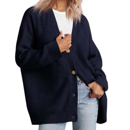 Cardigan femme – Coupe oversize – Maille côtelée – Col V – Boutonné – Long manches