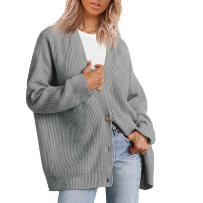 Cardigan femme – Coupe oversize – Maille côtelée – Col V – Boutonné – Long manches