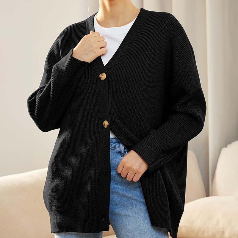 Cardigan femme – Coupe oversize – Maille côtelée – Col V – Boutonné – Long manches