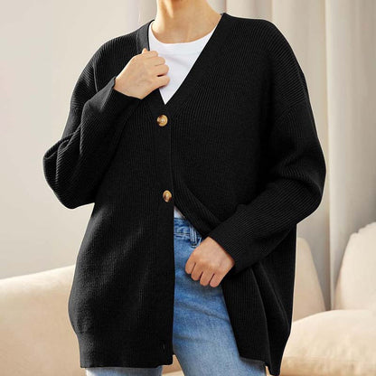Cardigan femme – Coupe oversize – Maille côtelée – Col V – Boutonné – Long manches