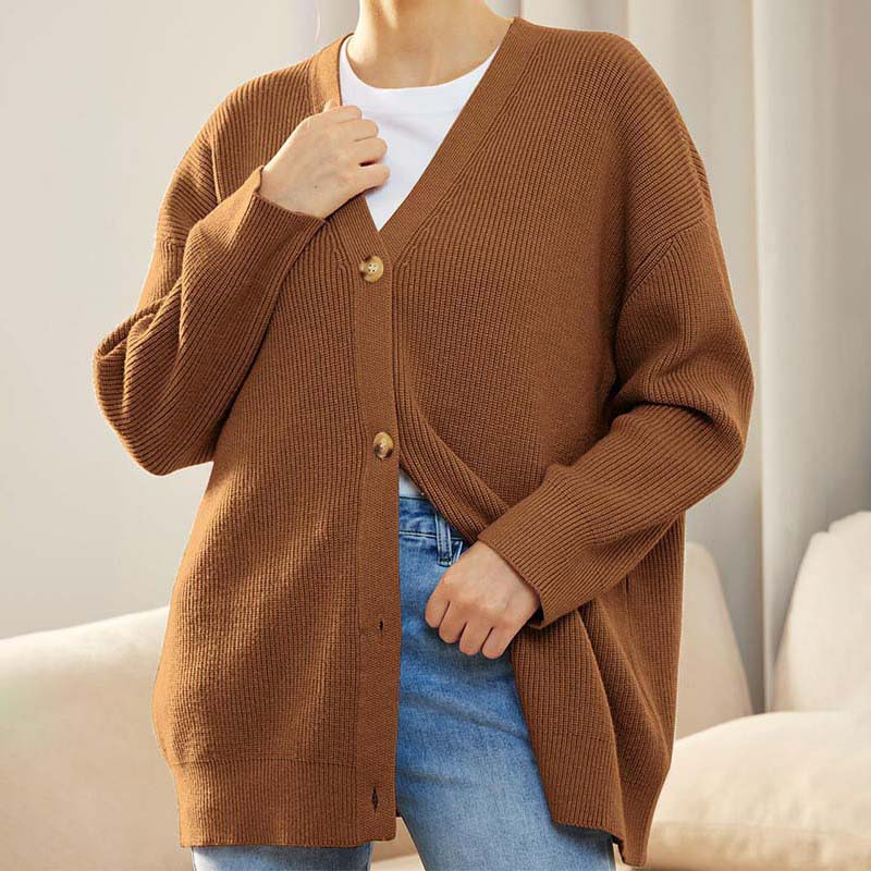 Cardigan femme – Coupe oversize – Maille côtelée – Col V – Boutonné – Long manches
