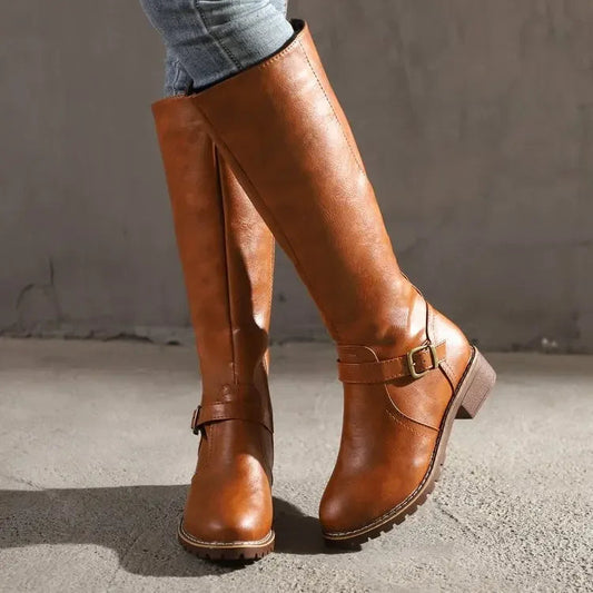 Bottes femme hauteur genou – Coupe ajustée – Finition cuir – Boucle latérale élégante