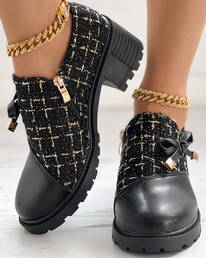 Chaussures femme à talon épais – Tige texturée – Hauteur cheville – Nœud décoratif