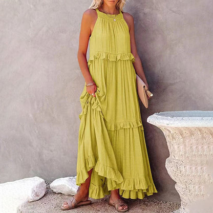 Robe Longue Femme - Dos Nu - Sans Manches - Coupe Fluide - Détails Volants