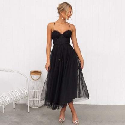Robe Midi Femme - Bustier Élégant - Jupe Fluide en Tulle - Tenue de Soirée