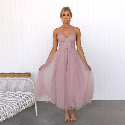 Robe Midi Femme - Bustier Élégant - Jupe Fluide en Tulle - Tenue de Soirée