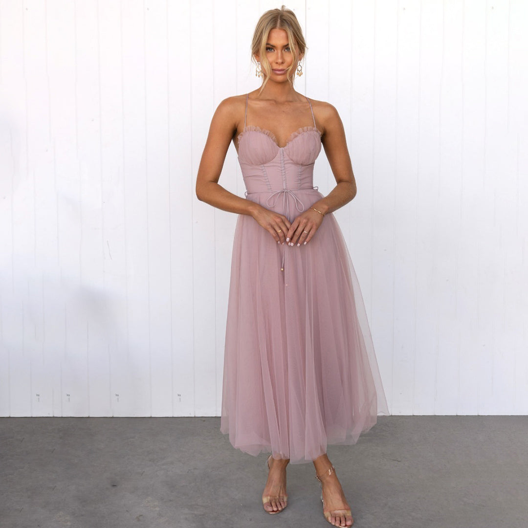 Robe Midi Femme - Bustier Élégant - Jupe Fluide en Tulle - Tenue de Soirée