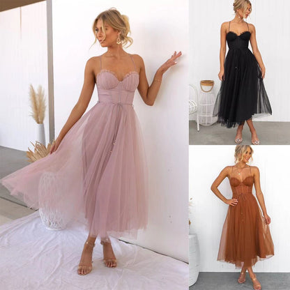 Robe Midi Femme - Bustier Élégant - Jupe Fluide en Tulle - Tenue de Soirée