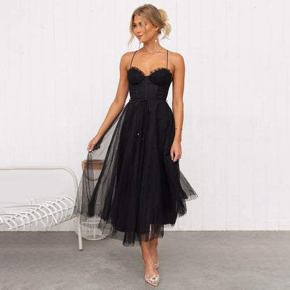 Robe Midi Femme - Bustier Élégant - Jupe Fluide en Tulle - Tenue de Soirée