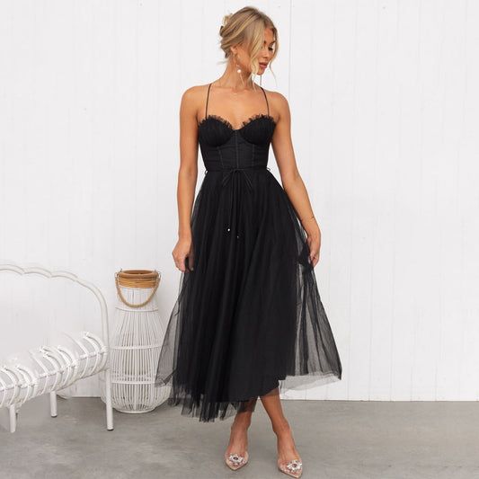 Robe Midi Femme - Bustier Ajusté - Décolleté Cœur - Tulle Fluide Élégant