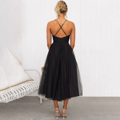 Robe Midi Femme - Bustier Élégant - Jupe Fluide en Tulle - Tenue de Soirée