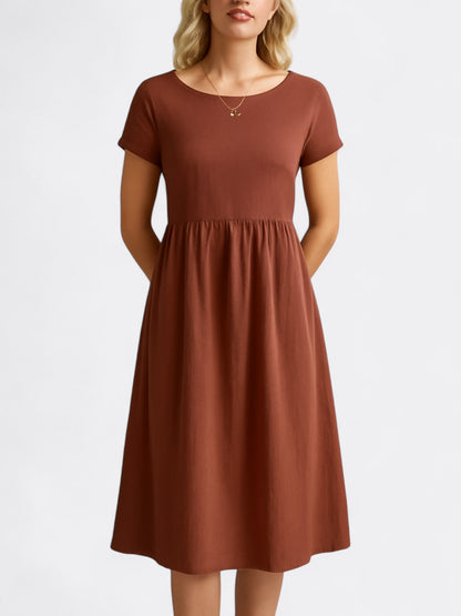 Robe midi femme – Coupe évasée – Tissu fluide doux – Manches courtes – Col rond