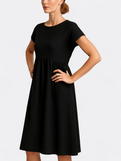 Robe midi femme – Coupe évasée – Tissu fluide doux – Manches courtes – Col rond