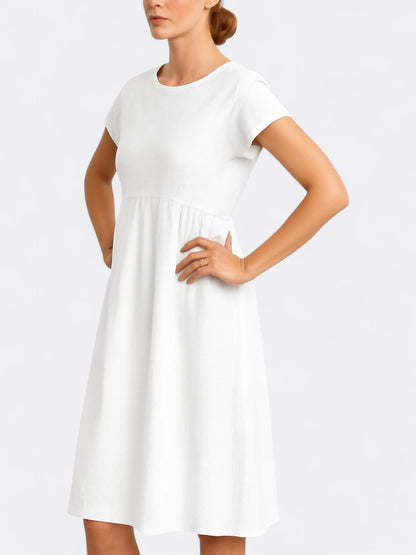 Robe midi femme – Coupe évasée – Tissu fluide doux – Manches courtes – Col rond