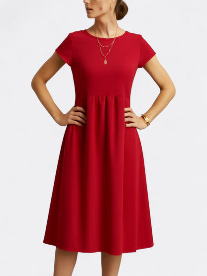Robe midi femme – Coupe évasée – Tissu fluide doux – Manches courtes – Col rond