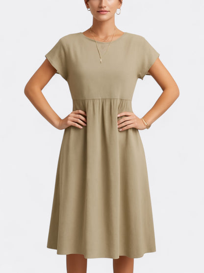 Robe midi femme – Coupe évasée – Tissu fluide doux – Manches courtes – Col rond