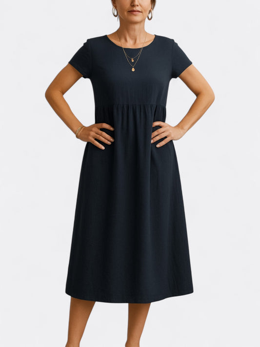 Robe midi femme – Coupe évasée – Tissu fluide doux – Manches courtes – Col rond