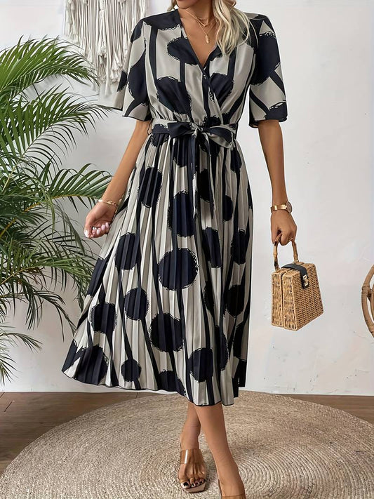 Robe Midi Femme - Cache-Cœur Élégant - Manches Courtes - Taille Ceinturée - Motif Moderne