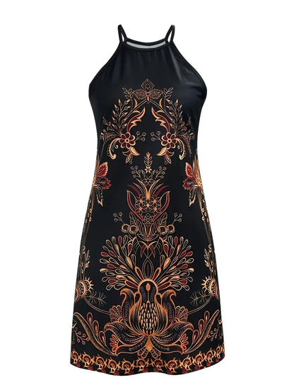 Robe Femme Halter - Motifs Fleuris et Ornementaux - Coupe Évasée - Sans Manches