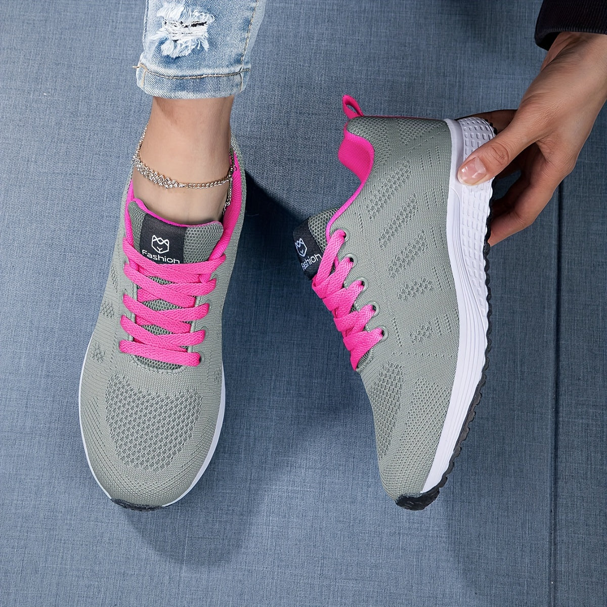 Chaussures de sport femme – Tricot souple – Respirantes – Légères – Basses à lacets