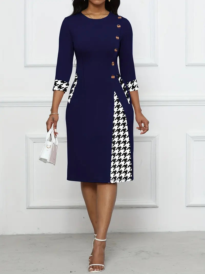 Robe Femme Élégante - Coupe Ajustée Évasée - Col Rond - Manches 3/4 - Détails Boutons