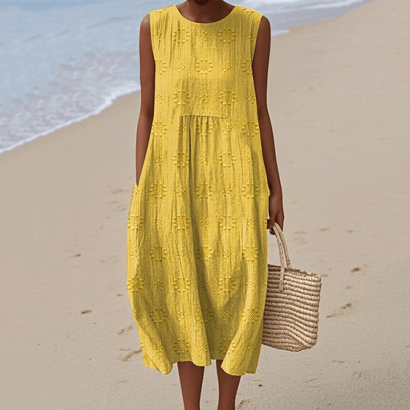 Robe midi sans manches femme – Coupe ample – Fibres naturelles – Imprimé floral – Poches