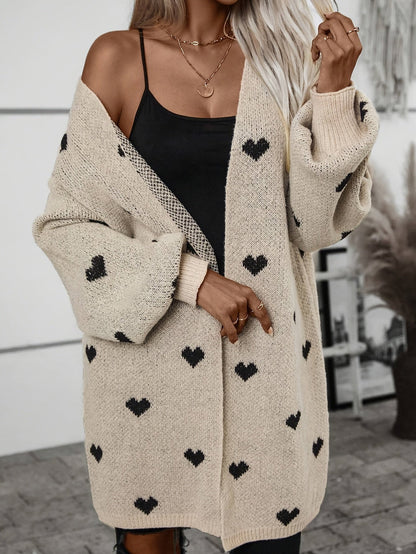 Cardigan femme – Maille laine – Coupe oversize – Manches longues – Motif cœur