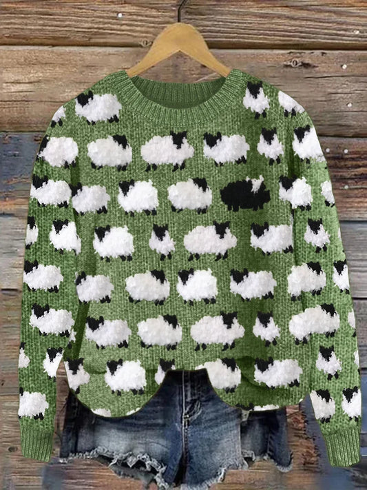 Pull femme – Coupe décontractée – Maille laine – Col rond – Motif moutons fantaisie