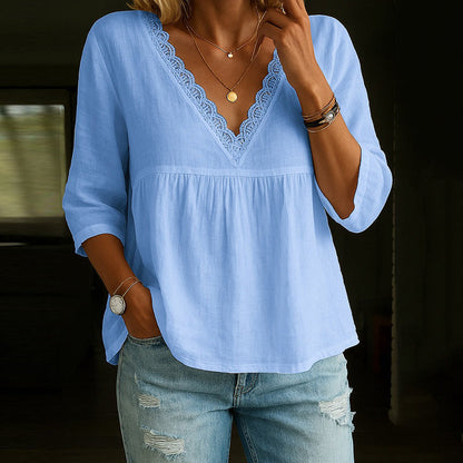 T-shirt femme col V – Fibres naturelles – Coupe décontractée – Manches 3/4 dentelle