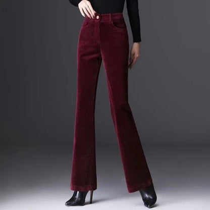 Femme Pantalon - Velours Côtelé - Taille Haute - Coupe Évasée - Longueur Complète