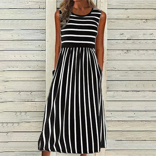 Robe midi débardeur femme – Coupe décontractée – Fibres naturelles respirantes – Rayures élégantes