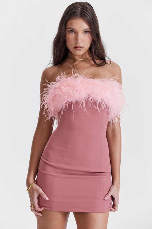 Robe Mini Femme – Coupe Slim – Sans Bretelles – Finition Fourrure – Style Bodycon