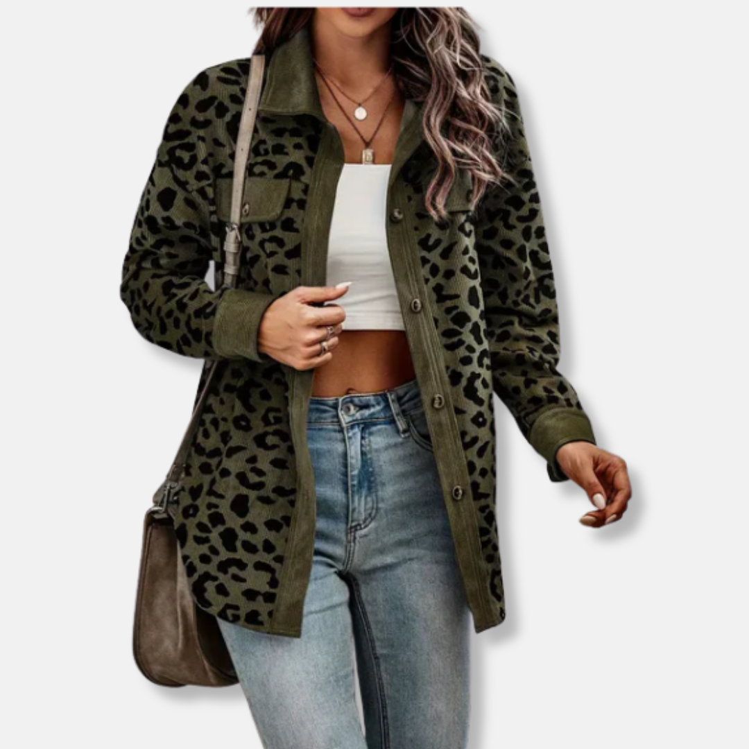 Femme Surchemise - Velours Côtelé - Coupe Décontractée - Col Pointu - Imprimé Léopard