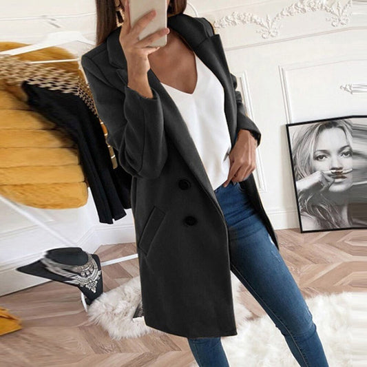 Veste blazer femme – Coupe structurée – Laine – Double boutonnage – Longueur genou