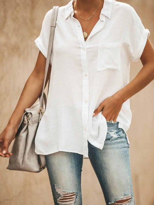 Top Femme – Coupe Ample – Manches Courtes Relevées – Tissu Respirant – Col Classique