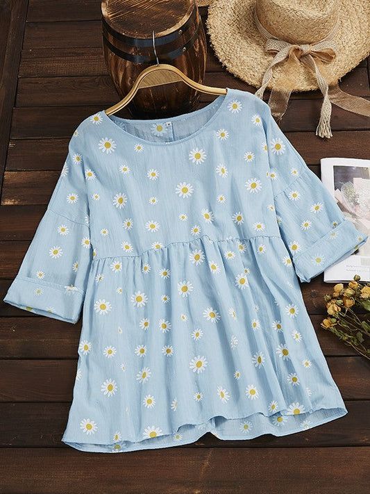 Top femme – Coupe décontractée – Manches courtes – Imprimé floral – Tissu respirant