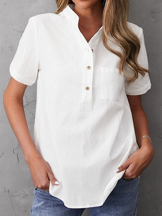Blouse femme – Coupe décontractée – Col montant – Manches courtes – Fibres naturelles