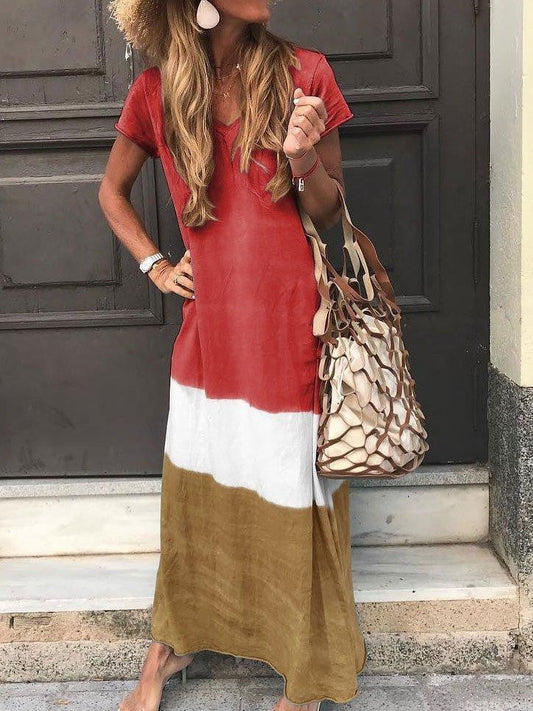 Robe maxi femme – Tissu respirant – Coupe ample fluide – Patchwork rayé – Col V