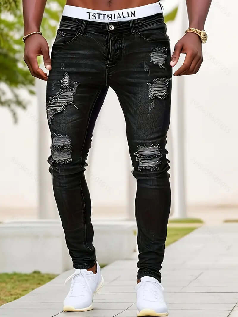 Jean skinny homme – Coupe fuselée – Détails déchirés – Style décontracté en denim