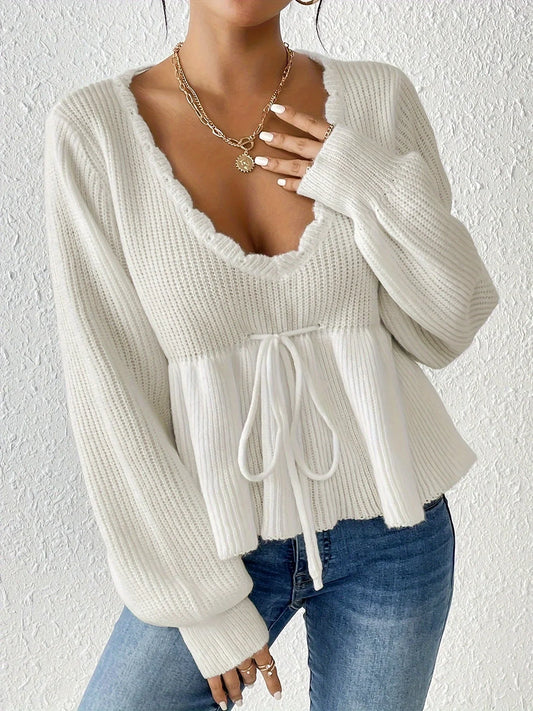 Pull femme – Maille côtelée – Coupe décontractée – Taille ajustable – Ourlet volanté