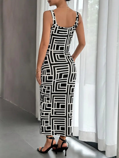 Robe Midi Femme - Coupe Ajustée - Sans Manches - Encolure Carrée - Style Moderne