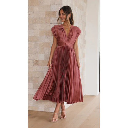 Robe Midi Femme - Sans Manches - Décolleté V - Plissée Élégante - Taille Cintrée