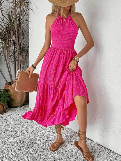 Robe Longue Femme - Dos Nu - Taille Cintrée - Jupe Évasée À Volants - Tissu Texturé