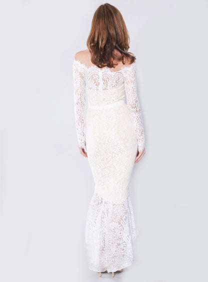 Elégante robe de soirée à manches longues en dentelle avec ourlet plongeant pour femmes