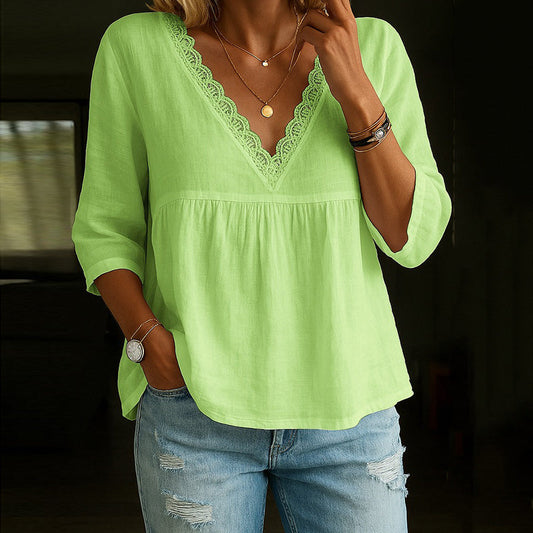 T-shirt femme col V – Fibres naturelles – Coupe décontractée – Manches 3/4 dentelle
